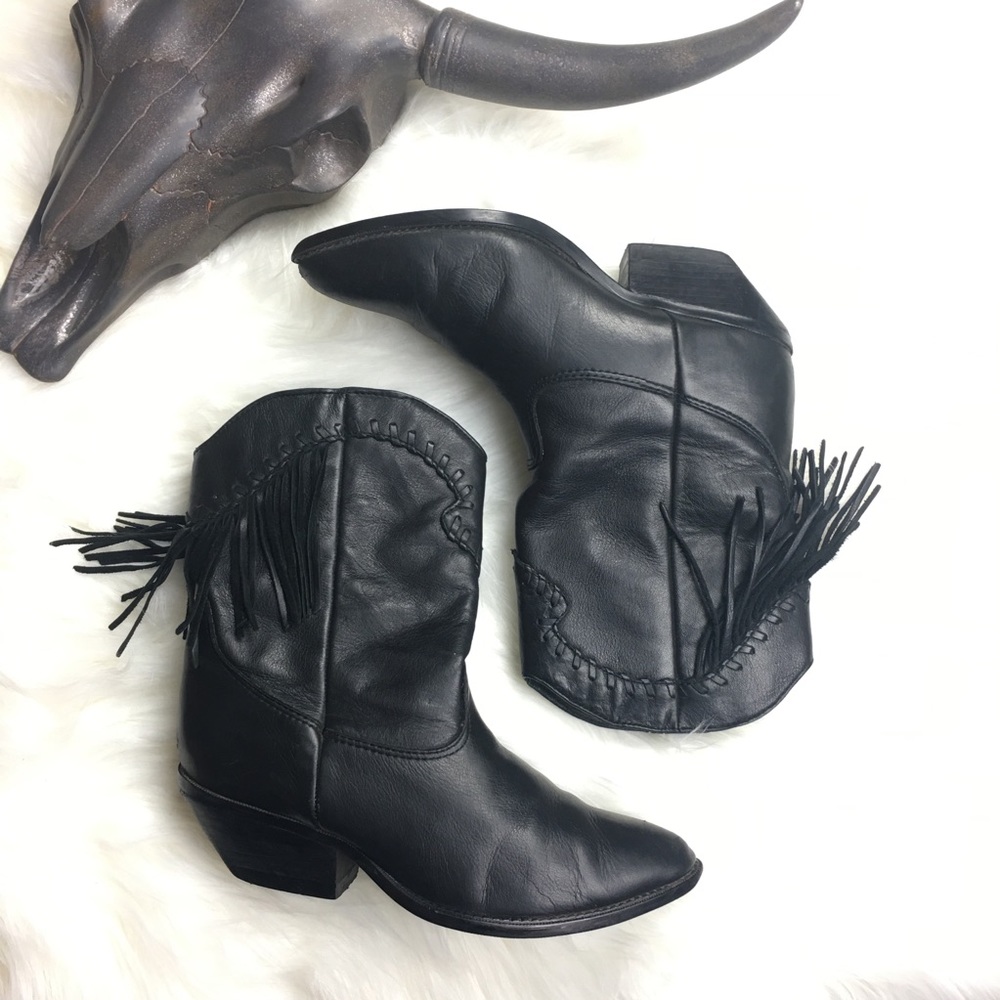 Black Leather Booties Cowboy Boots with Fringe